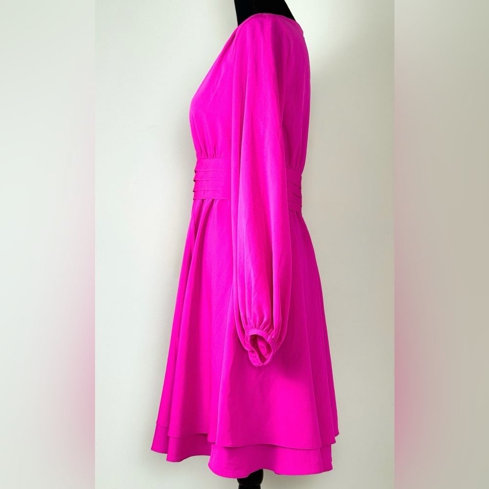 Eliza J Hot Pink Fuschia Long Sleeve Fit & Flare V-Neck Dress-Small - Picture 4 of 10